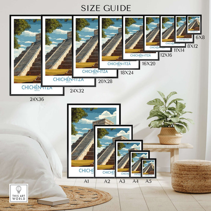 Size guide for Mexico Chichén Itzá El Castillo poster prints, showcasing various dimensions and design.
