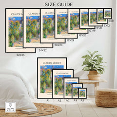 Monet Artists Garden at Vétheuil Sunflowers Impressionist Art Print Poster size guide with various frame dimensions.