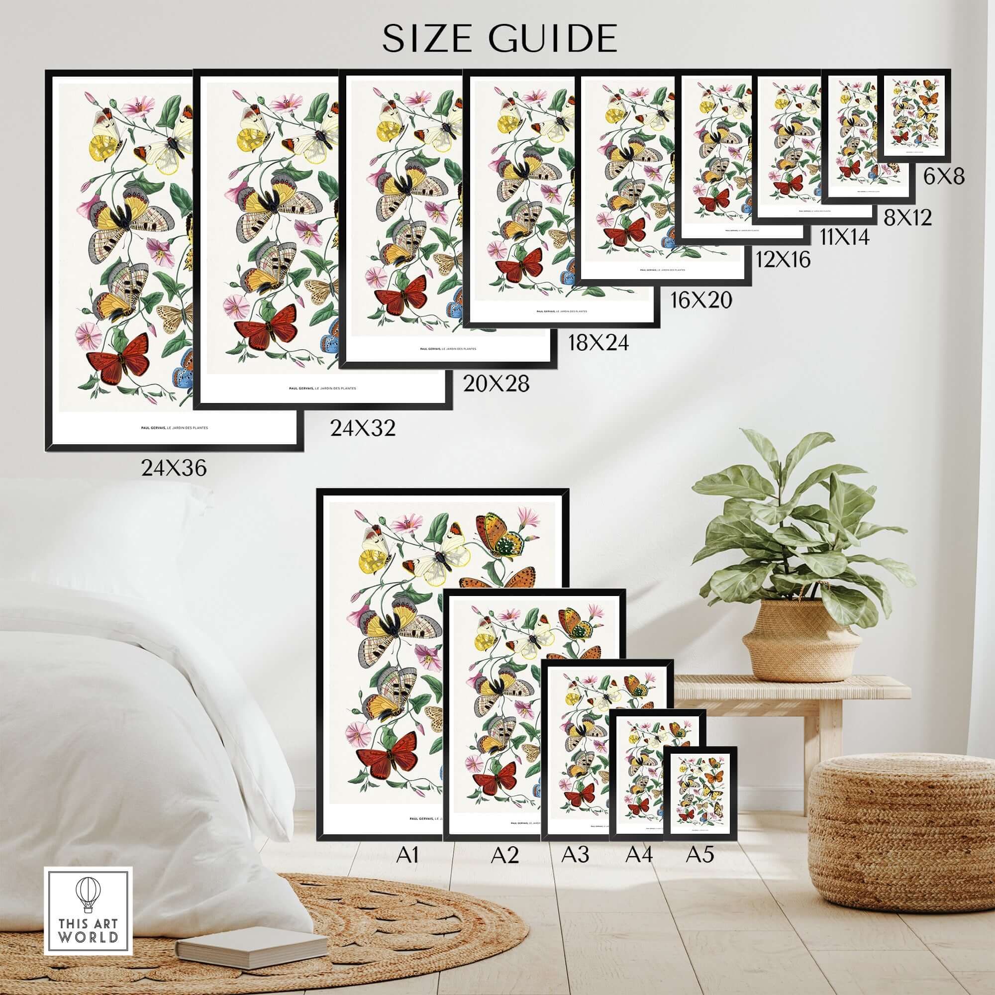 Paul Servais Butterflies Le Jardin des Plantes Vintage Botanical Wall Art size guide showcasing various frame sizes.