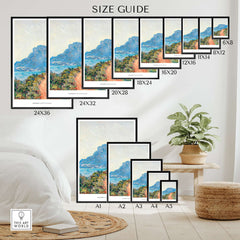 Size guide for Exhibition Art Print Claude Monet The Corniche near Monaco Impressionist Landscape Poster in various dimensions.