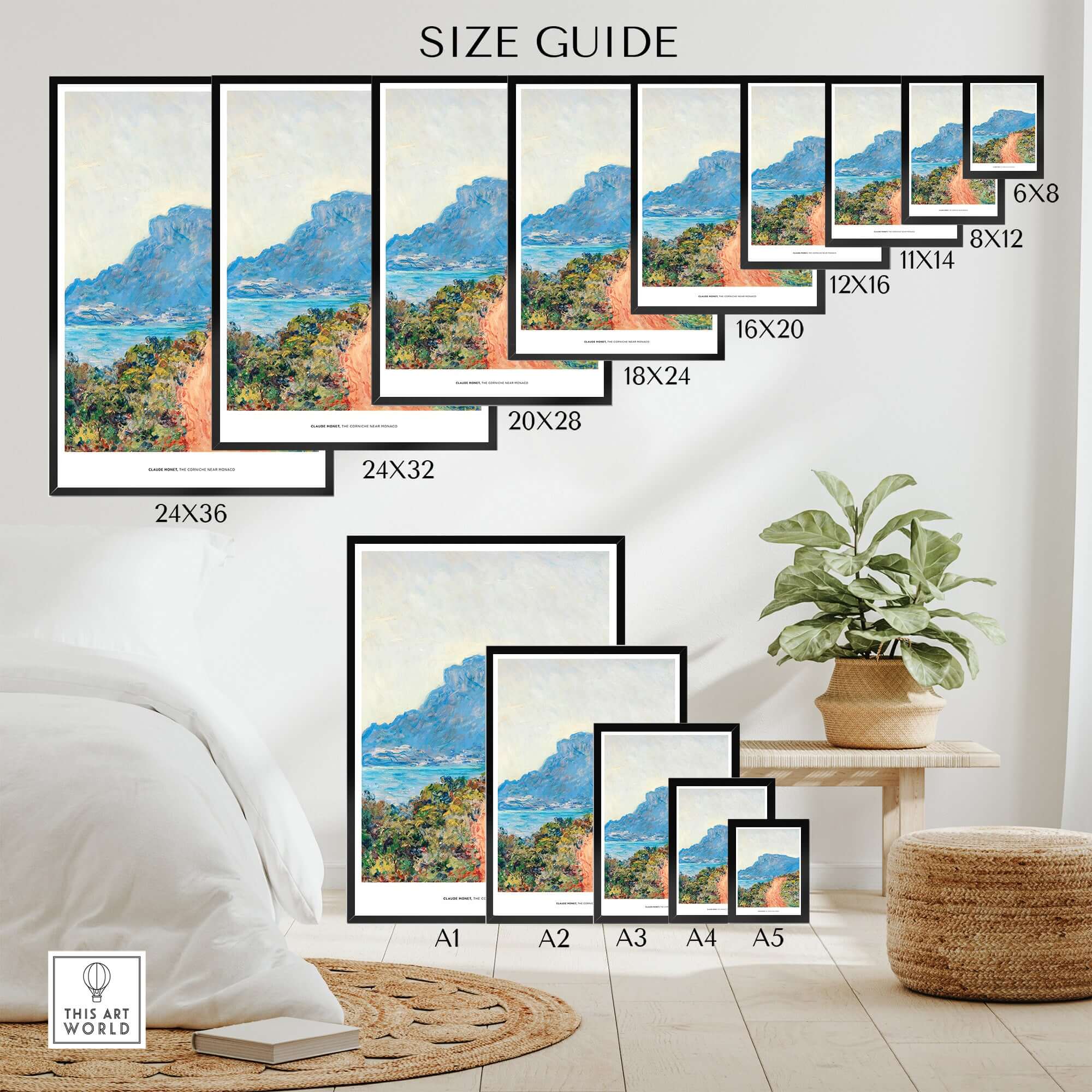 Size guide for Exhibition Art Print Claude Monet The Corniche near Monaco Impressionist Landscape Poster in various dimensions.