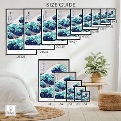 Size guide for Exhibition Art Print Hokusai The Great Wave off Kanagawa Japanese Ukiyo-e Poster in various dimensions.