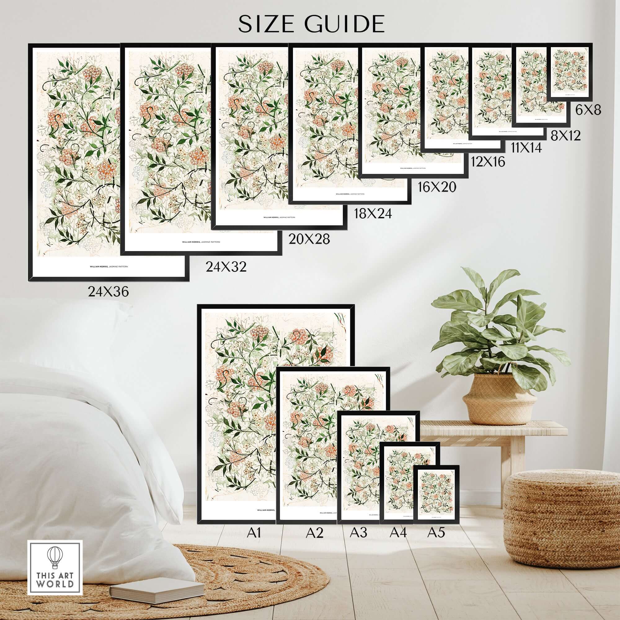 Size guide for Exhibition Art Print William Morris Jasmine Pattern Floral Botanical Wall Art in various dimensions.