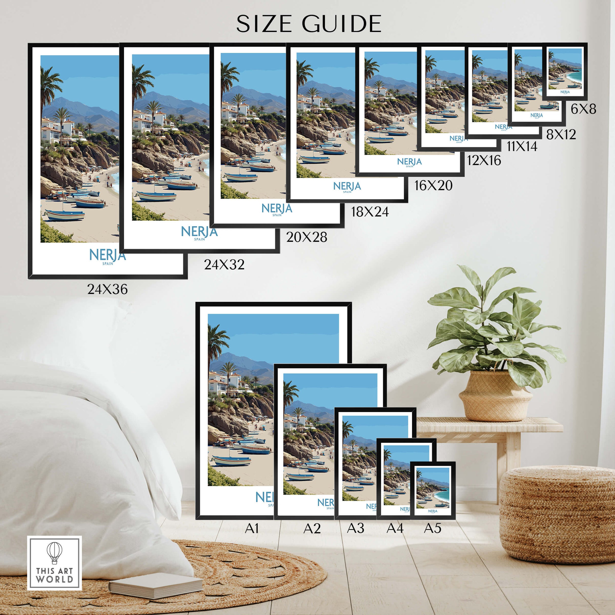 Nerja Spain Canvas Print | Spanish Seaside Poster size guide showcasing different dimensions for artwork.