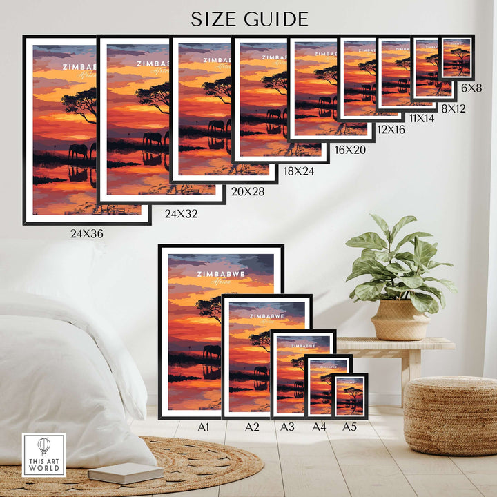 Size guide for Zimbabwe travel poster prints featuring vibrant sunset and elephants in various sizes.