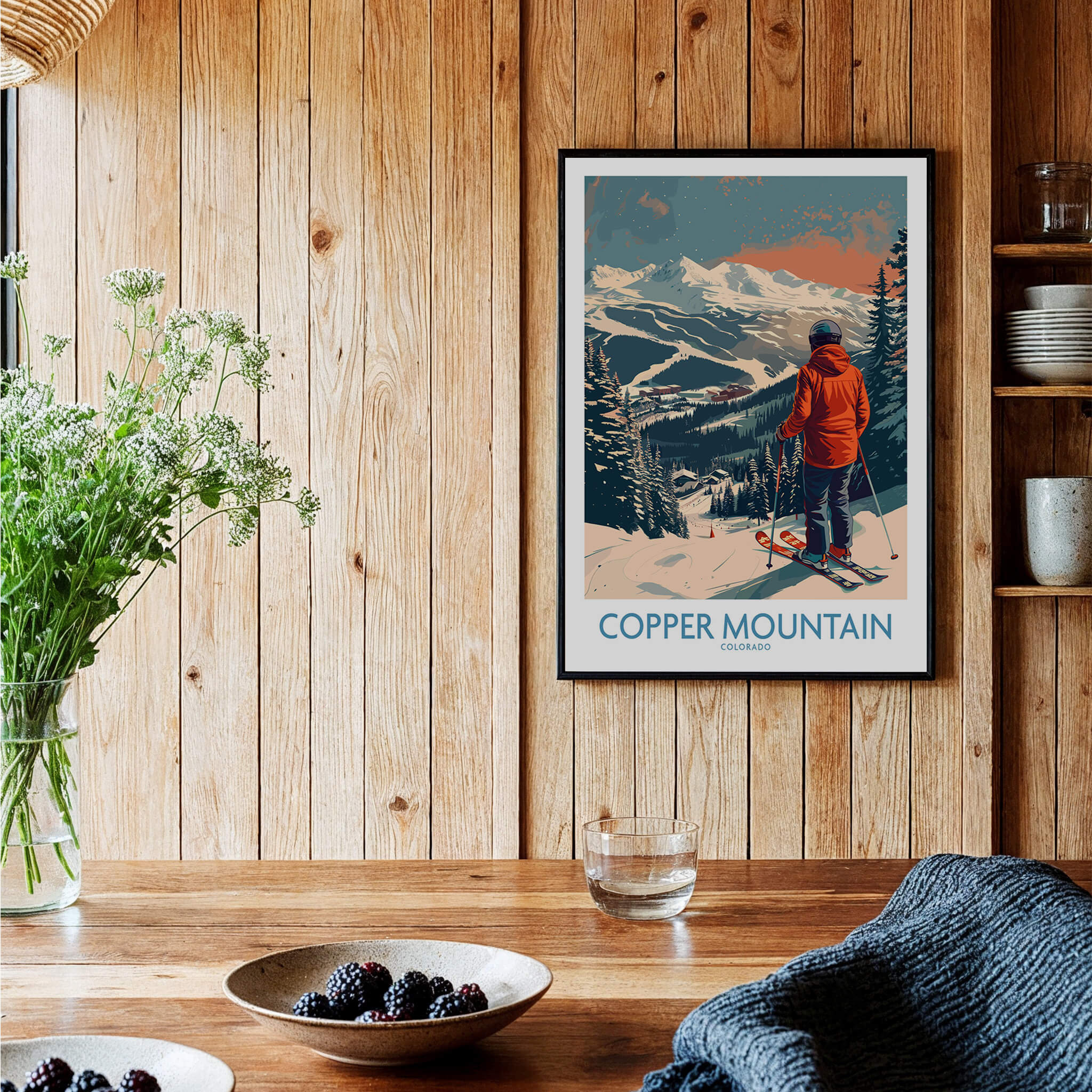 Ski Poster Copper Mountain Wall Art – Winter Sports Colorado displayed in a cozy living room with wooden decor.