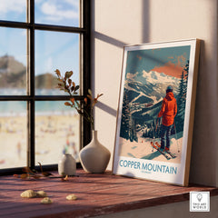 Ski Poster Copper Mountain Wall Art – Winter Sports Colorado displayed on a table near a sunny window, showcasing alpine beauty.