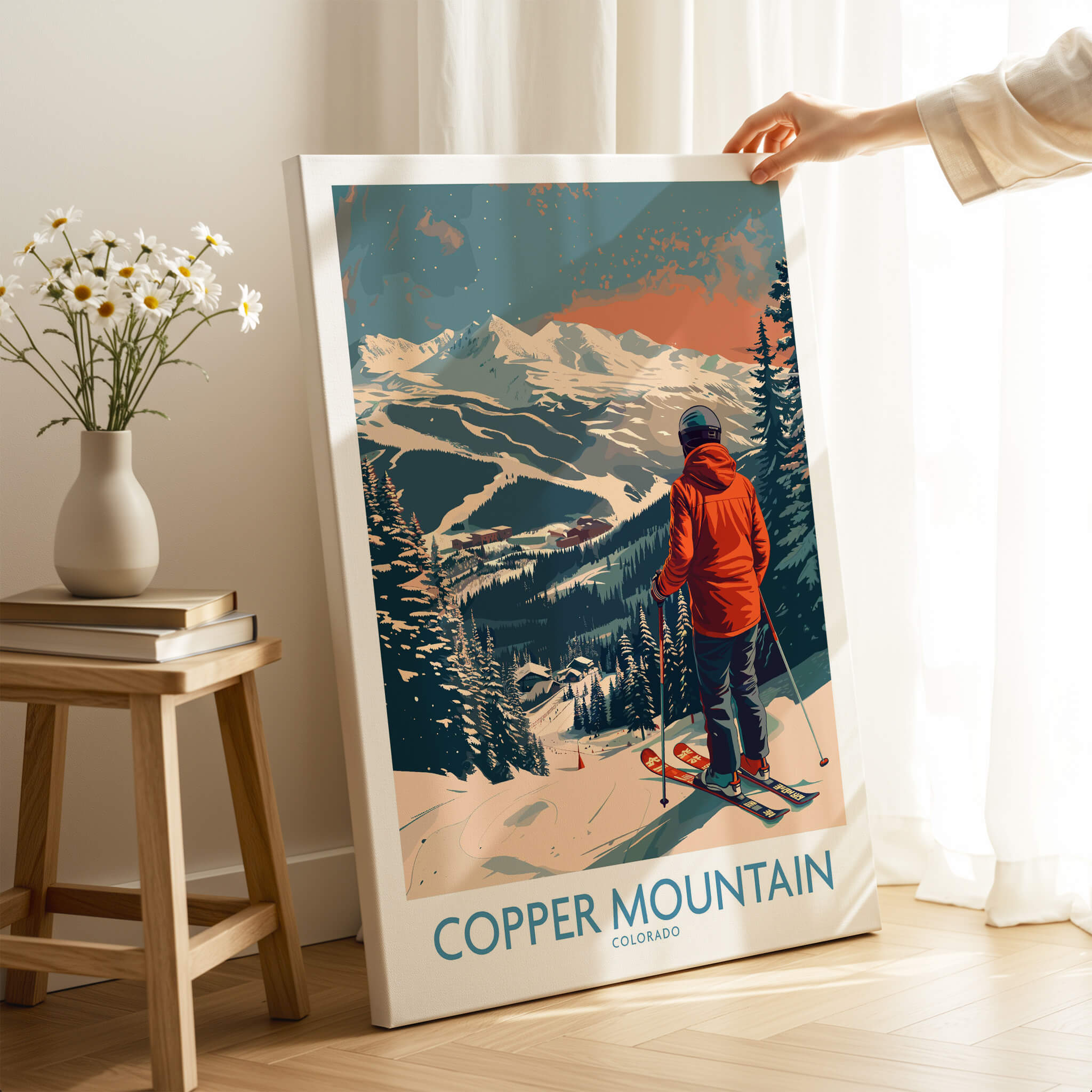 Ski Poster Copper Mountain Wall Art – Winter Sports Colorado featuring a skier overlooking the mountains.