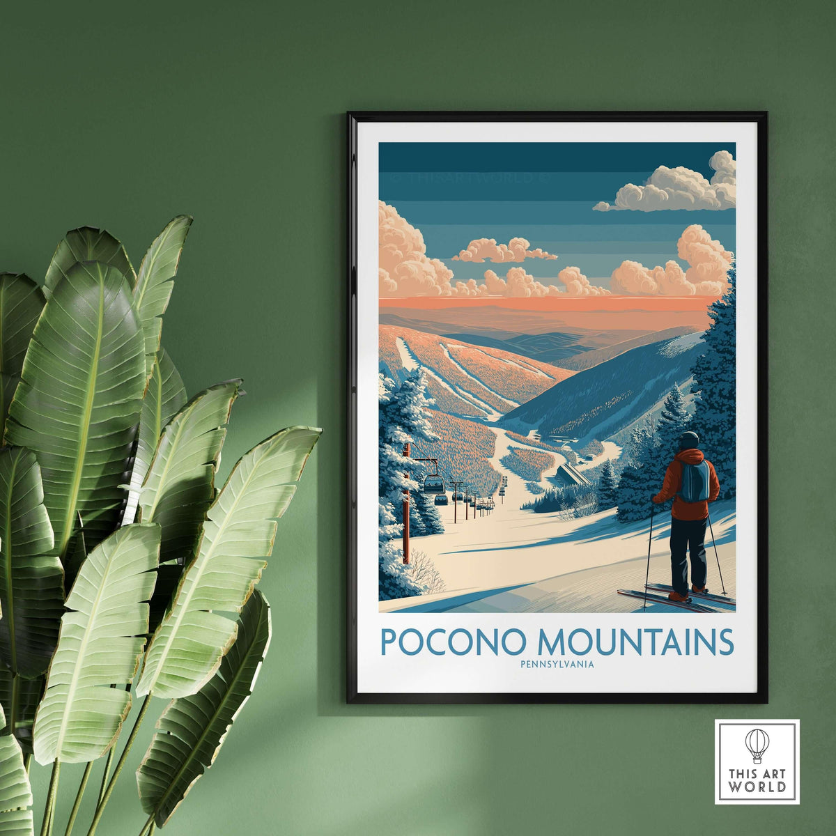 Ski Print Pocono Mountains Pennsylvania showcasing vibrant winter scenery and a skier ready to hit the slopes.