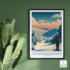Ski Print Pocono Mountains Pennsylvania showcasing vibrant winter scenery and a skier ready to hit the slopes.