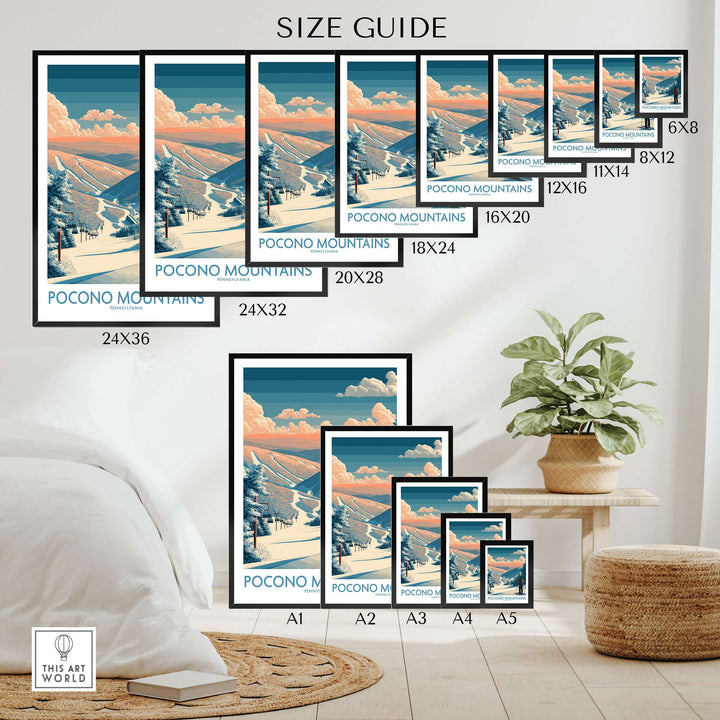Ski print size guide for Pocono Mountains artwork, showing various frame sizes and dimensions for home decor.