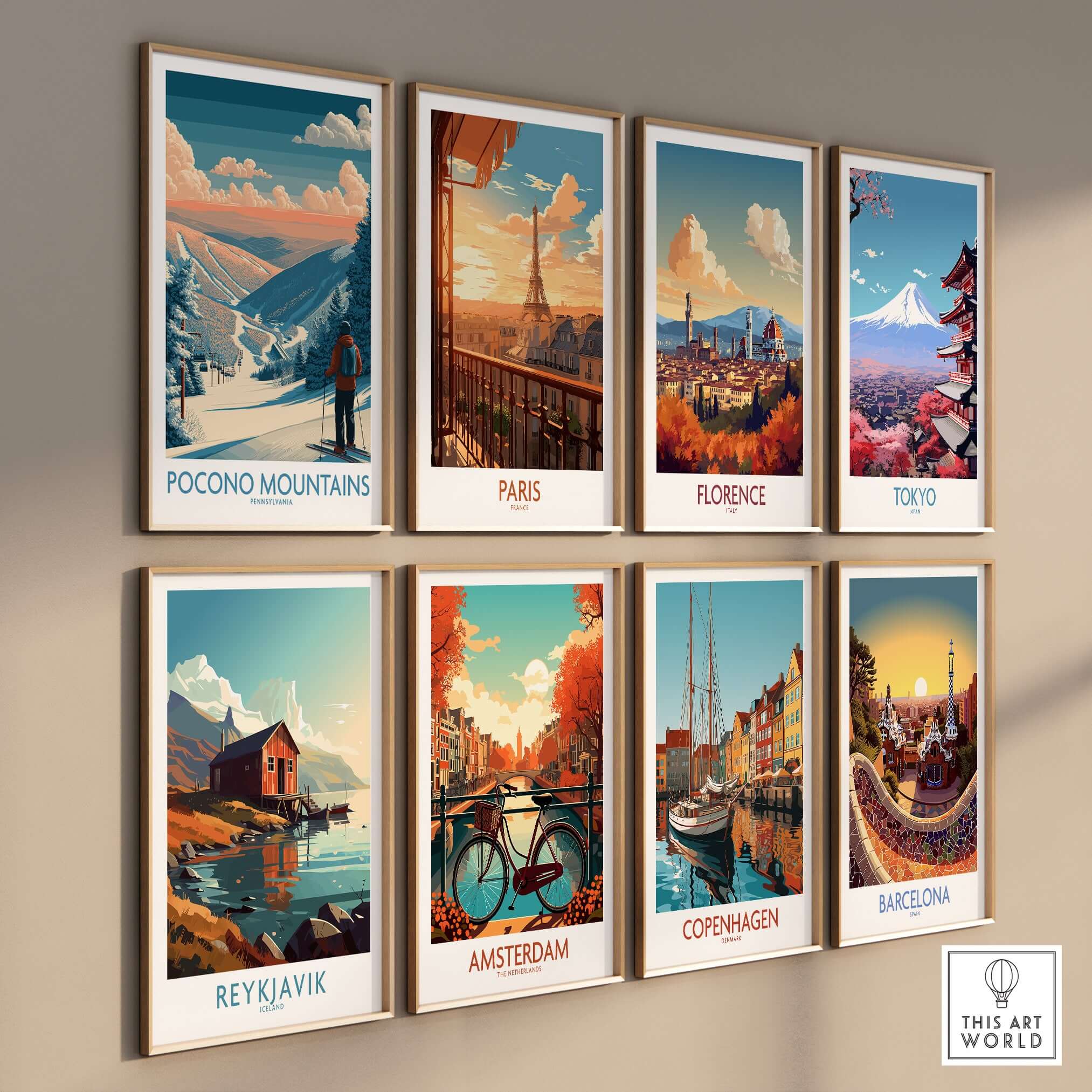 Ski Print Pocono Mountains Pennsylvania featuring vibrant winter scene among global city prints.