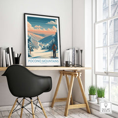 Ski Print Pocono Mountains Pennsylvania showcasing a serene winter scene in a cozy interior setting.