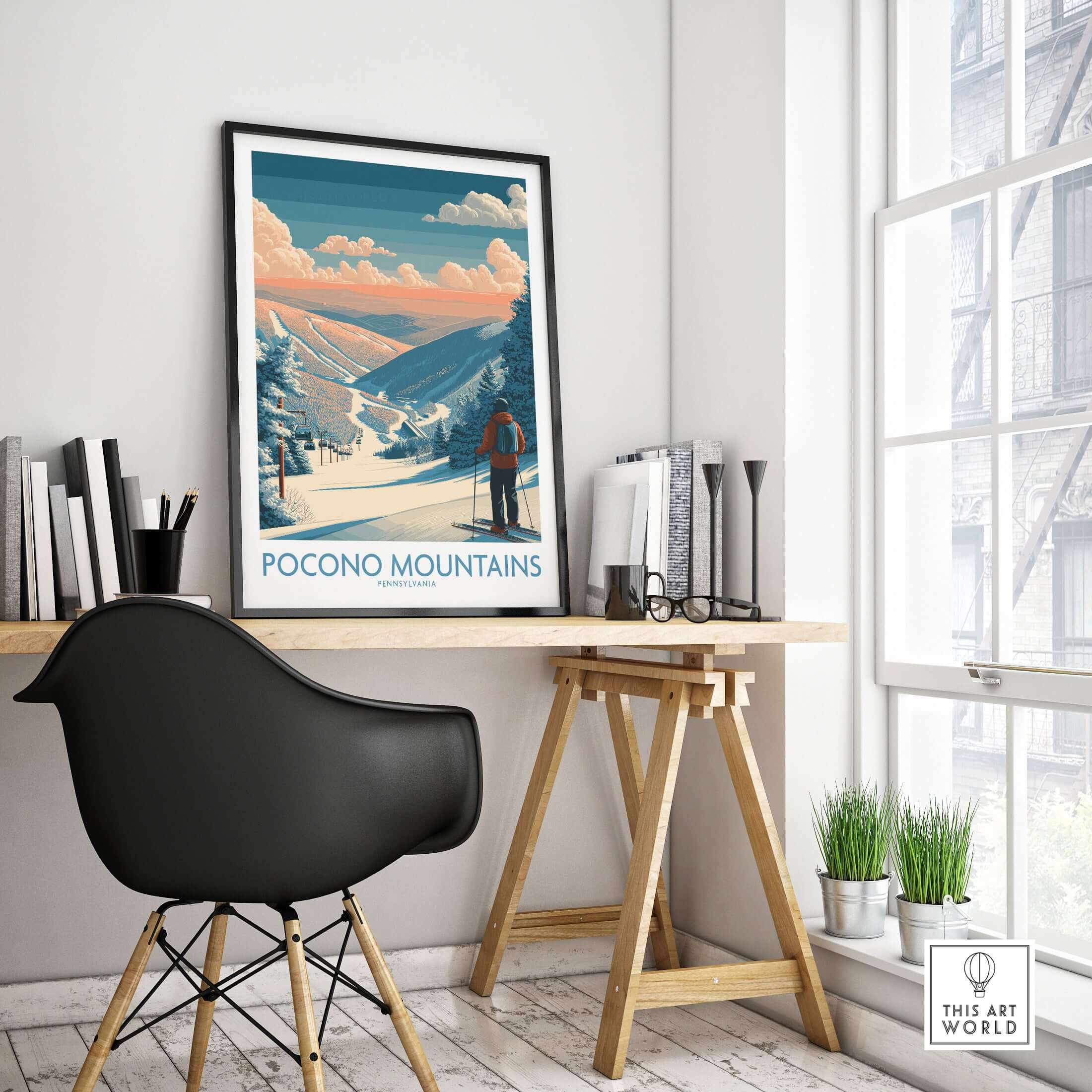 Ski Print Pocono Mountains Pennsylvania showcasing a serene winter scene in a cozy interior setting.