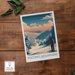 Ski Print Pocono Mountains Pennsylvania, showcasing a skier in a picturesque winter landscape.
