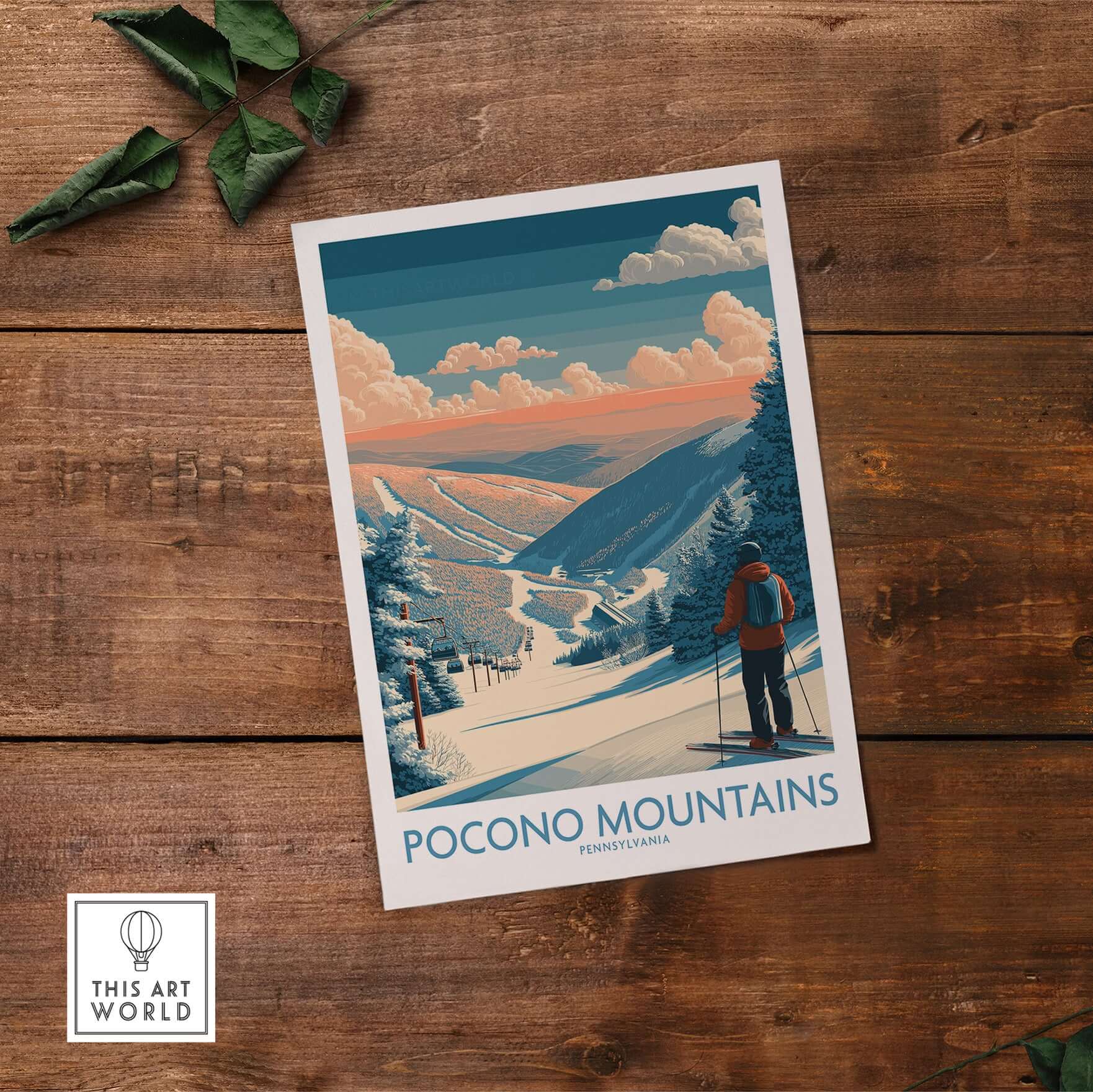 Ski Print Pocono Mountains Pennsylvania, showcasing a skier in a picturesque winter landscape.