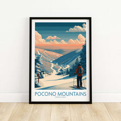 Ski Print Pocono Mountains Pennsylvania showcasing a skier on a snow-covered slope in a vibrant mountain landscape.