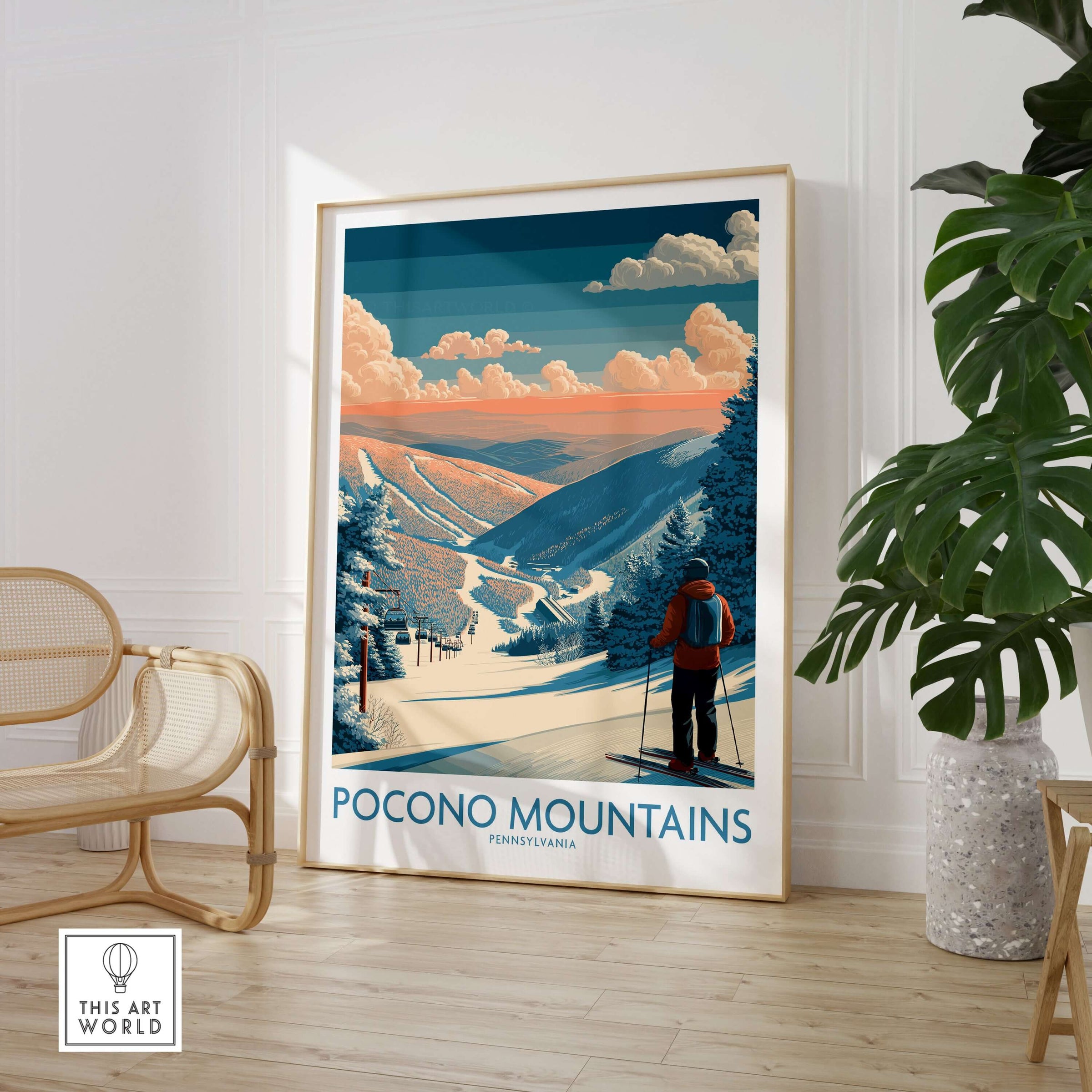 Ski Print Pocono Mountains Pennsylvania displayed in a stylish interior, showcasing vibrant winter scenery in the Pocono Mountains.