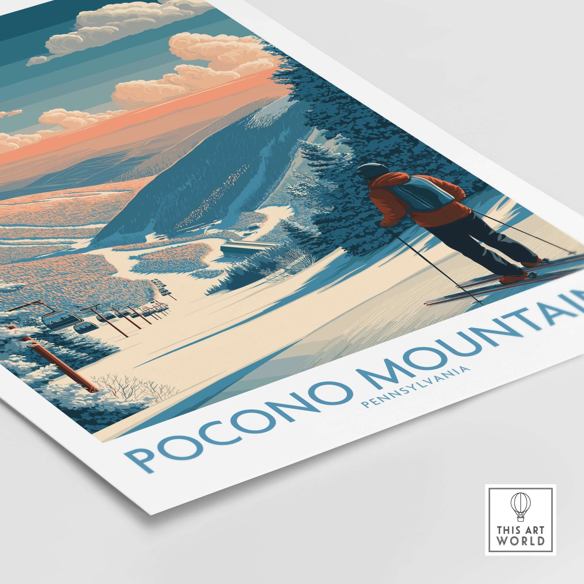 Ski Print Pocono Mountains Pennsylvania showcasing a skier in a winter landscape with vibrant colors.
