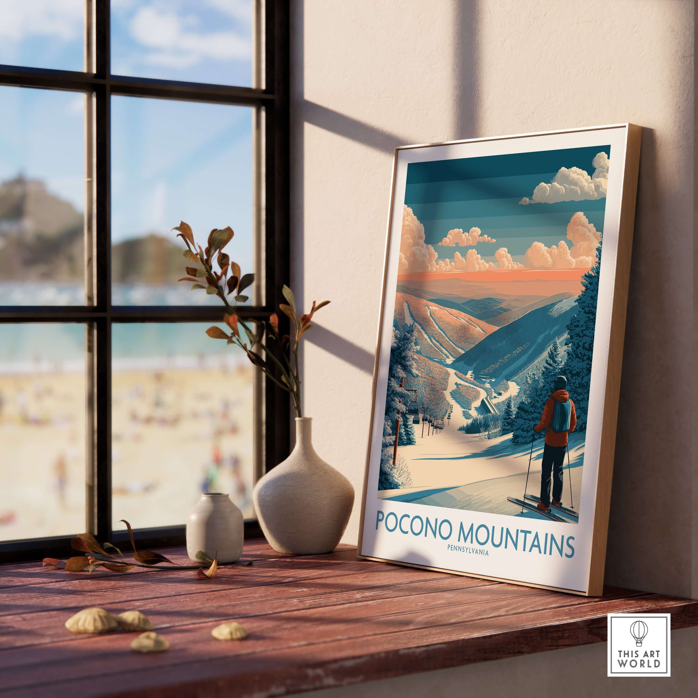 Ski Print Pocono Mountains Pennsylvania displayed in a cozy room near a window, showcasing winter beauty.