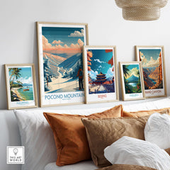 Ski Print Pocono Mountains Pennsylvania displayed among other travel prints in a stylish interior setting.