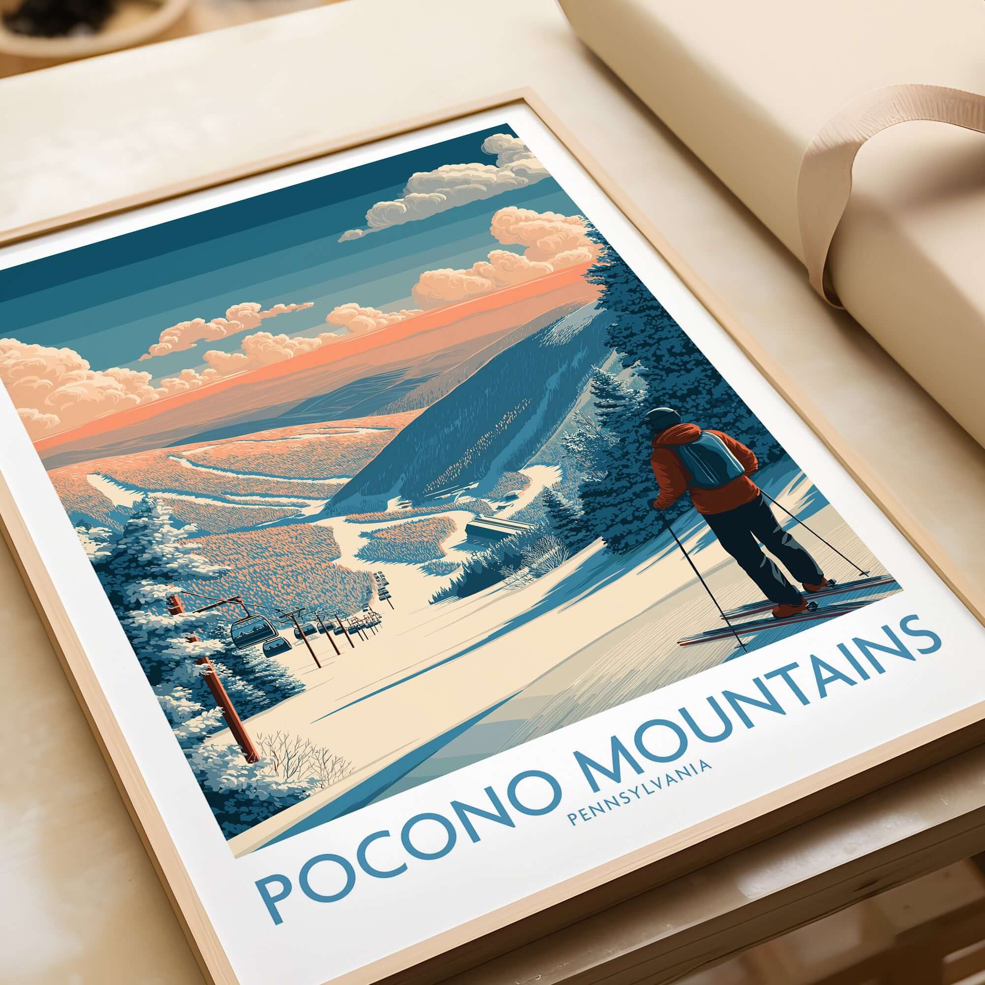 Ski Print Pocono Mountains Pennsylvania showcasing vibrant winter landscape and skier on the slopes.