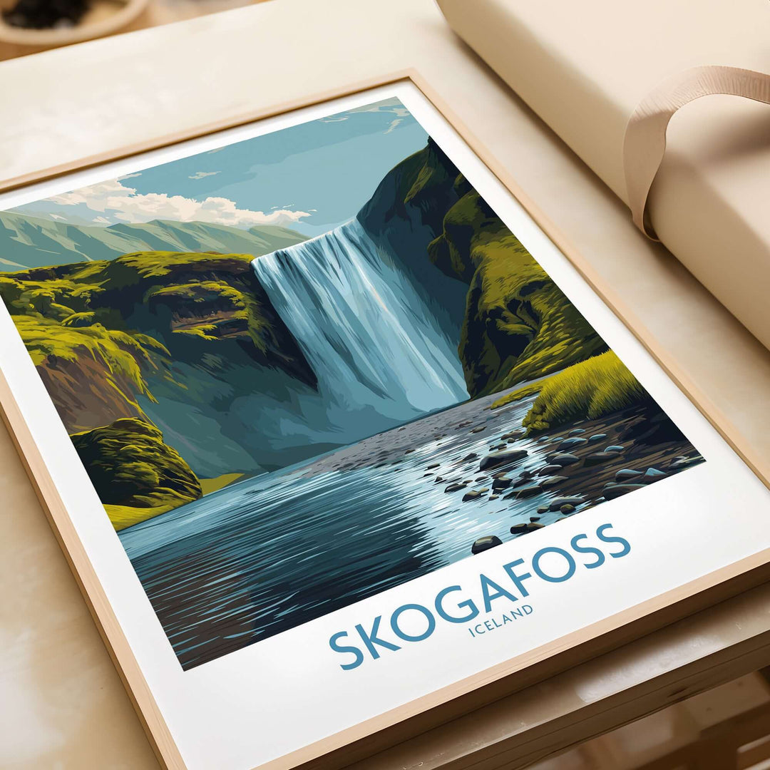Skógafoss Iceland Art Print Waterfall Poster featuring a vibrant illustration of the waterfall and surrounding landscape.