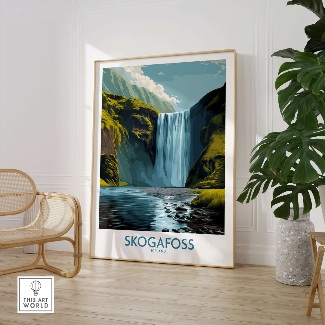 Skógafoss Iceland Art Print Waterfall Poster featuring a stunning depiction of the waterfall surrounded by nature.