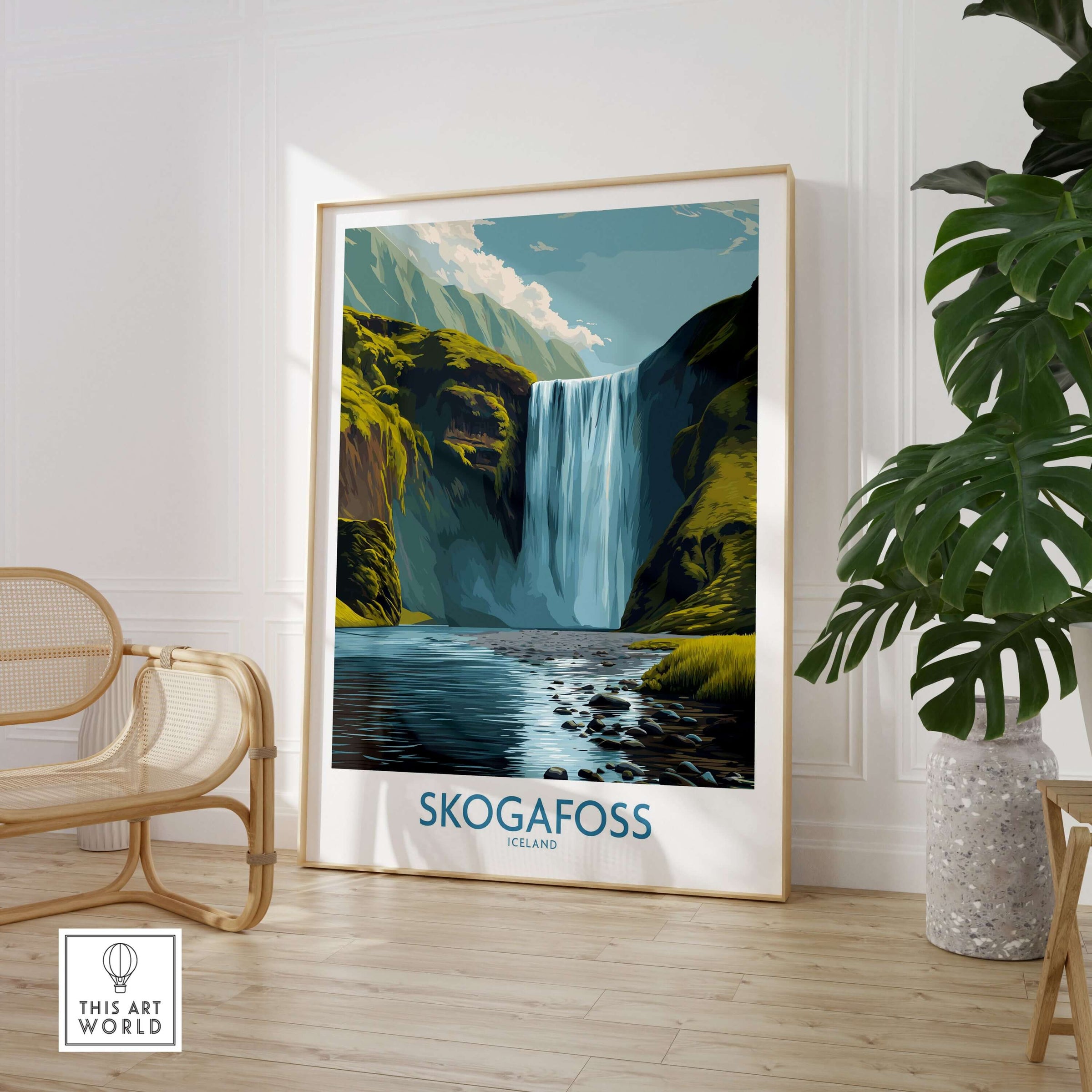 Skógafoss Iceland Art Print Waterfall Poster featuring a stunning waterfall and natural landscape in a stylish setting.