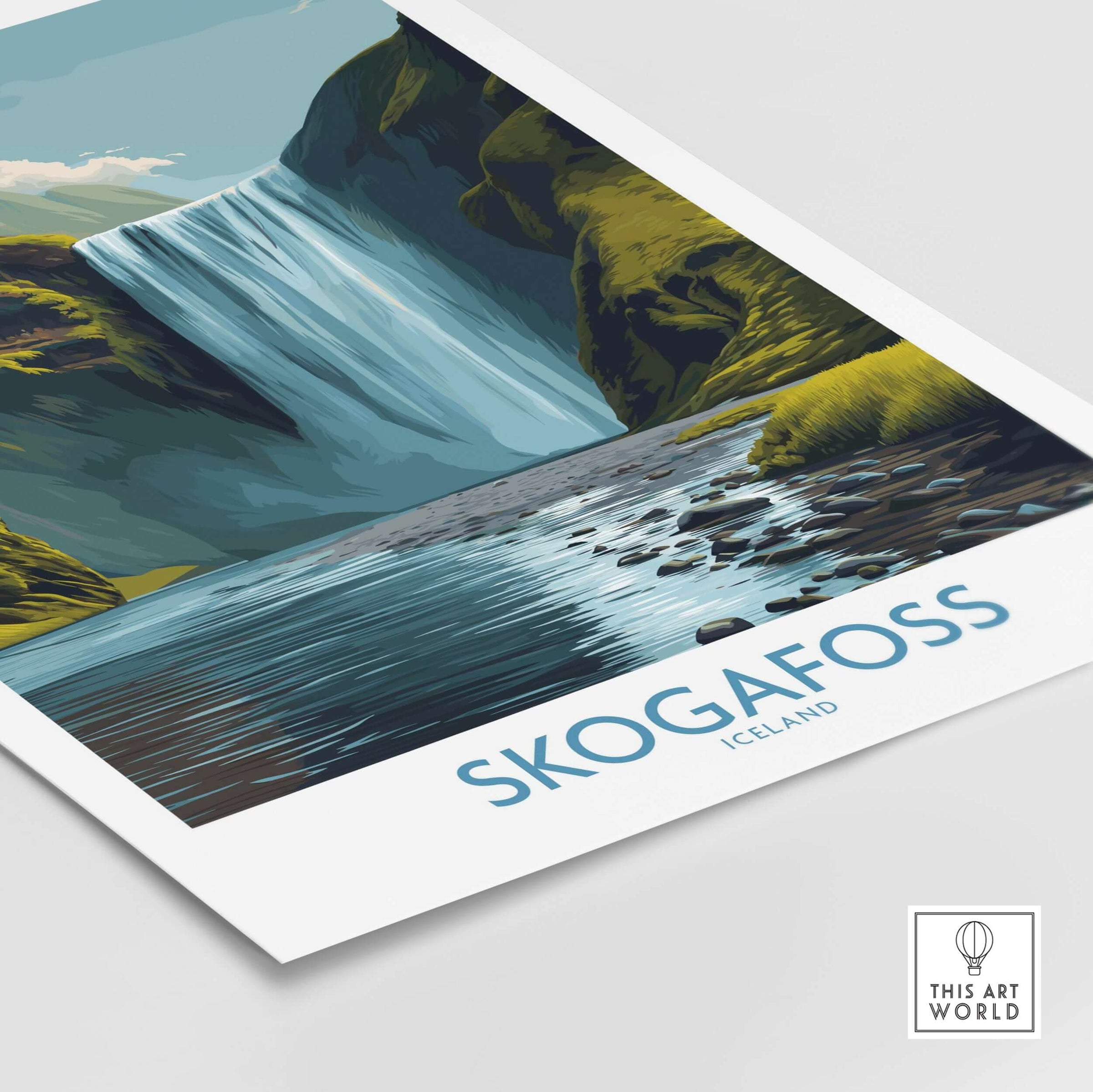 Skógafoss Iceland Art Print Waterfall Poster showcasing the stunning waterfall cascading into a serene river.