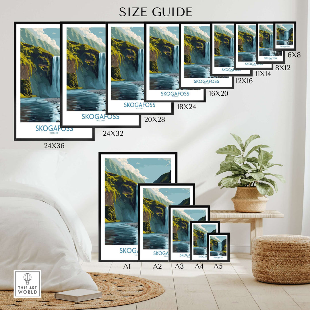 Skógafoss Iceland Art Print Waterfall Poster size guide showcasing various dimensions for home decor.