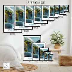 Skógafoss Iceland Art Print Waterfall Poster size guide showcasing available sizes and dimensions.