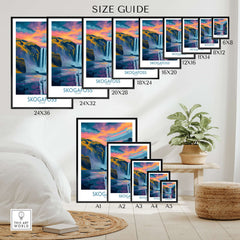 Skógafoss Iceland Sunset Art Print | Waterfall Reflection Poster Size Guide with dimensions displayed.