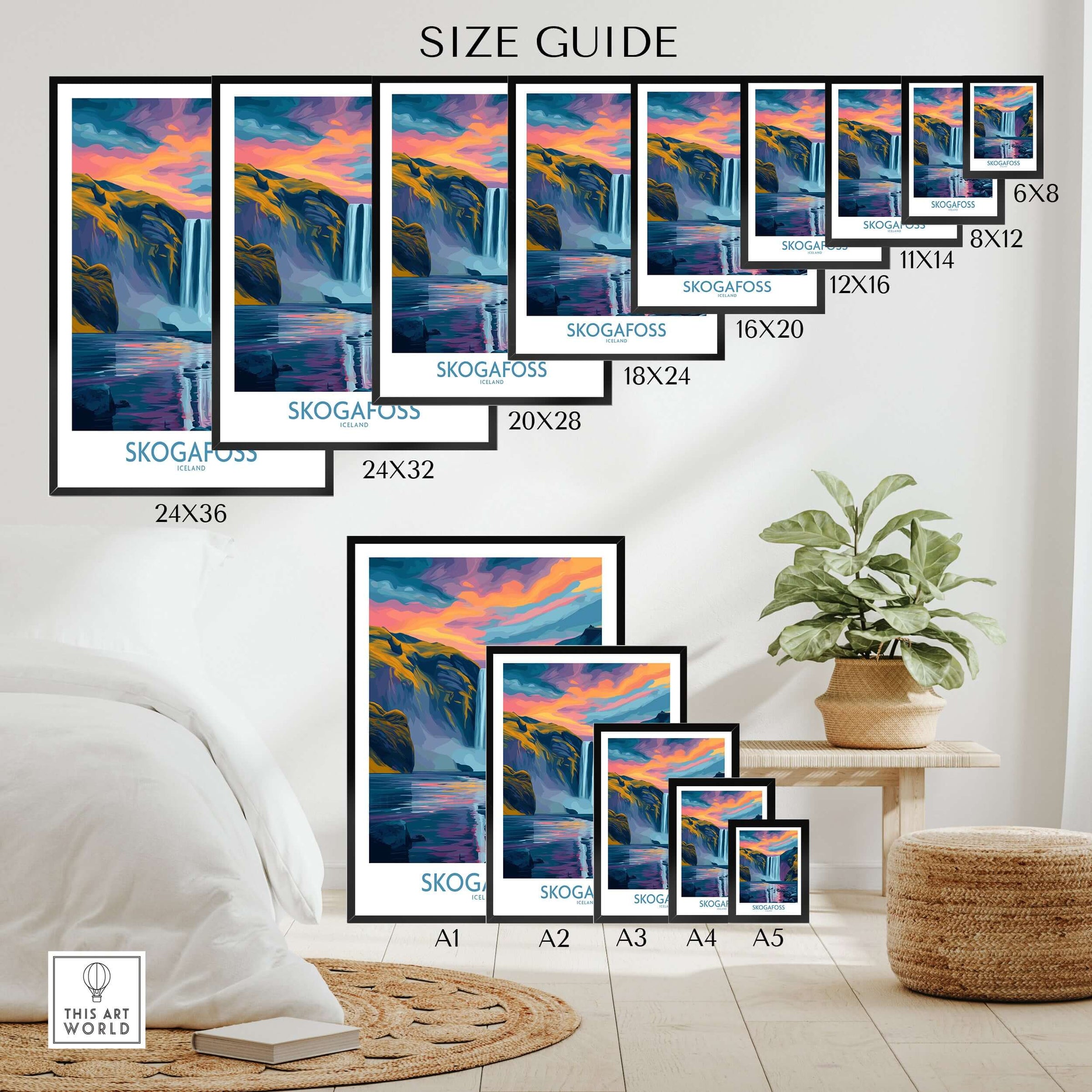 Skógafoss Iceland Sunset Art Print | Waterfall Reflection Poster Size Guide with dimensions displayed.