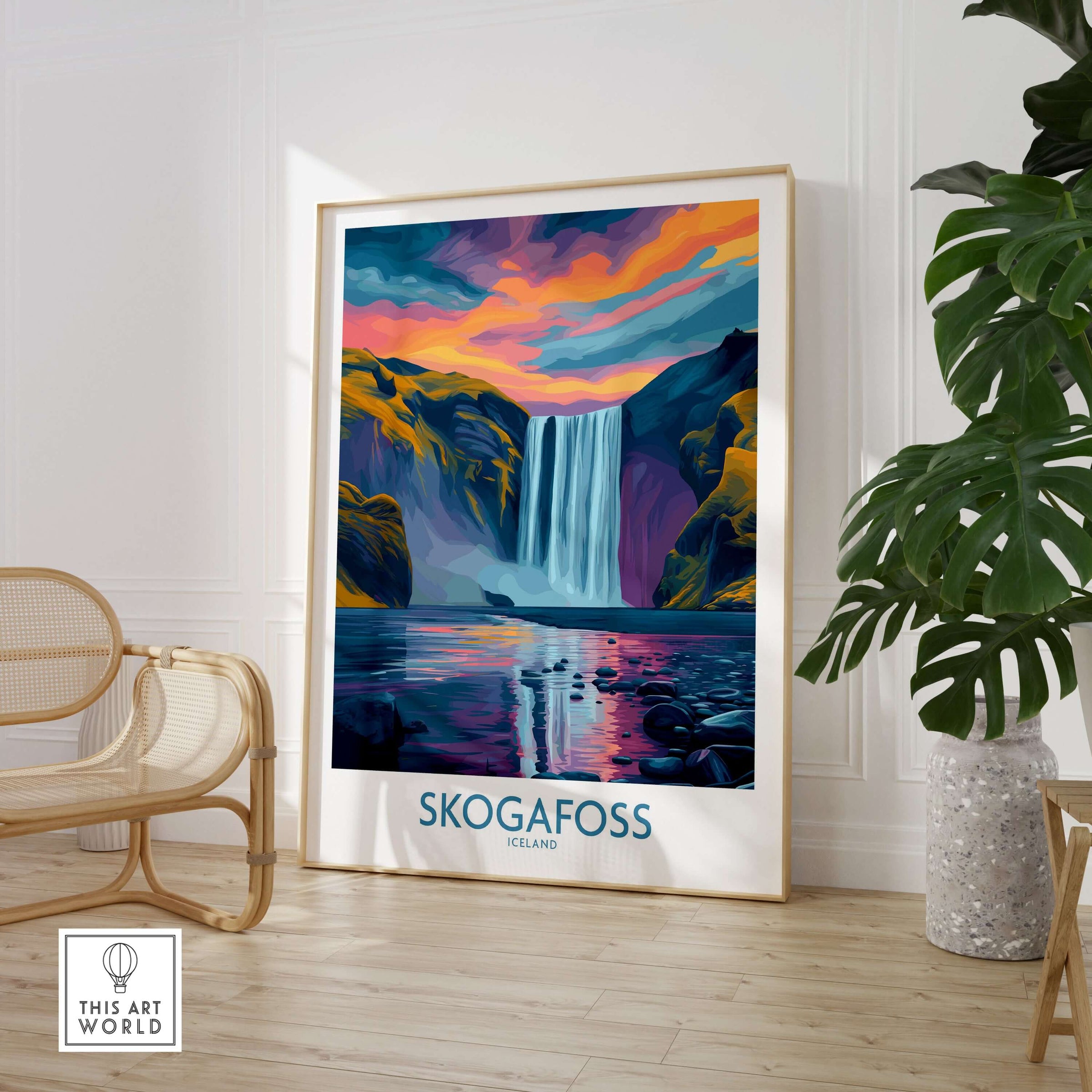 Skógafoss Iceland Sunset Art Print | Waterfall Reflection Poster showcasing vibrant sunset and serene waterfall in interior setting.