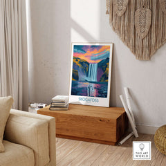 Skógafoss Iceland Sunset Art Print | Waterfall Reflection Poster displayed in a stylish living room interior.