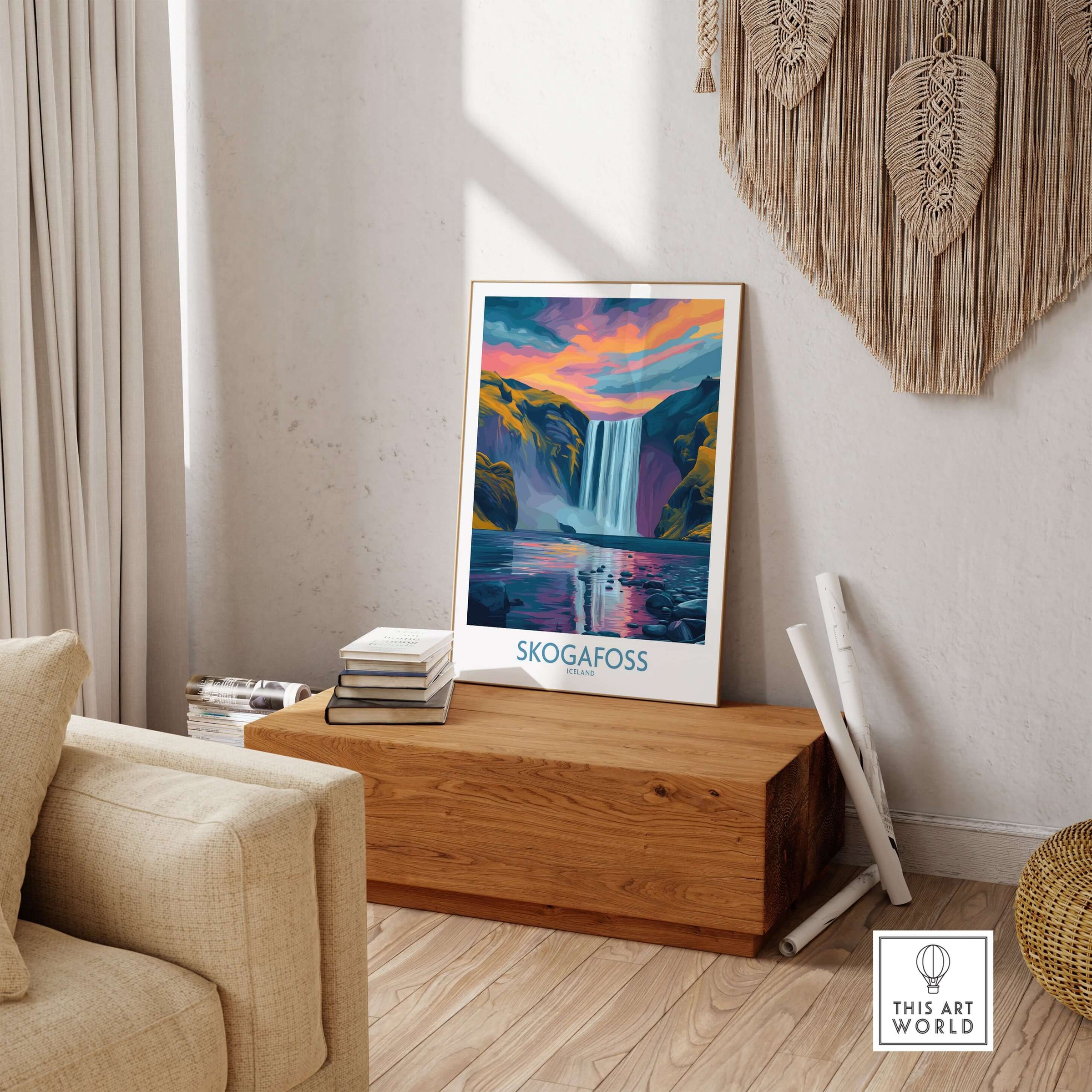 Skógafoss Iceland Sunset Art Print | Waterfall Reflection Poster displayed in a stylish living room interior.