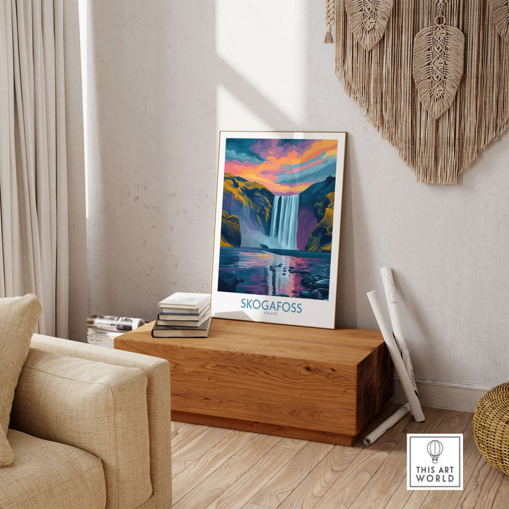 Skógafoss Iceland Sunset Art Print | Waterfall Reflection Poster displayed in a cozy living room setting.