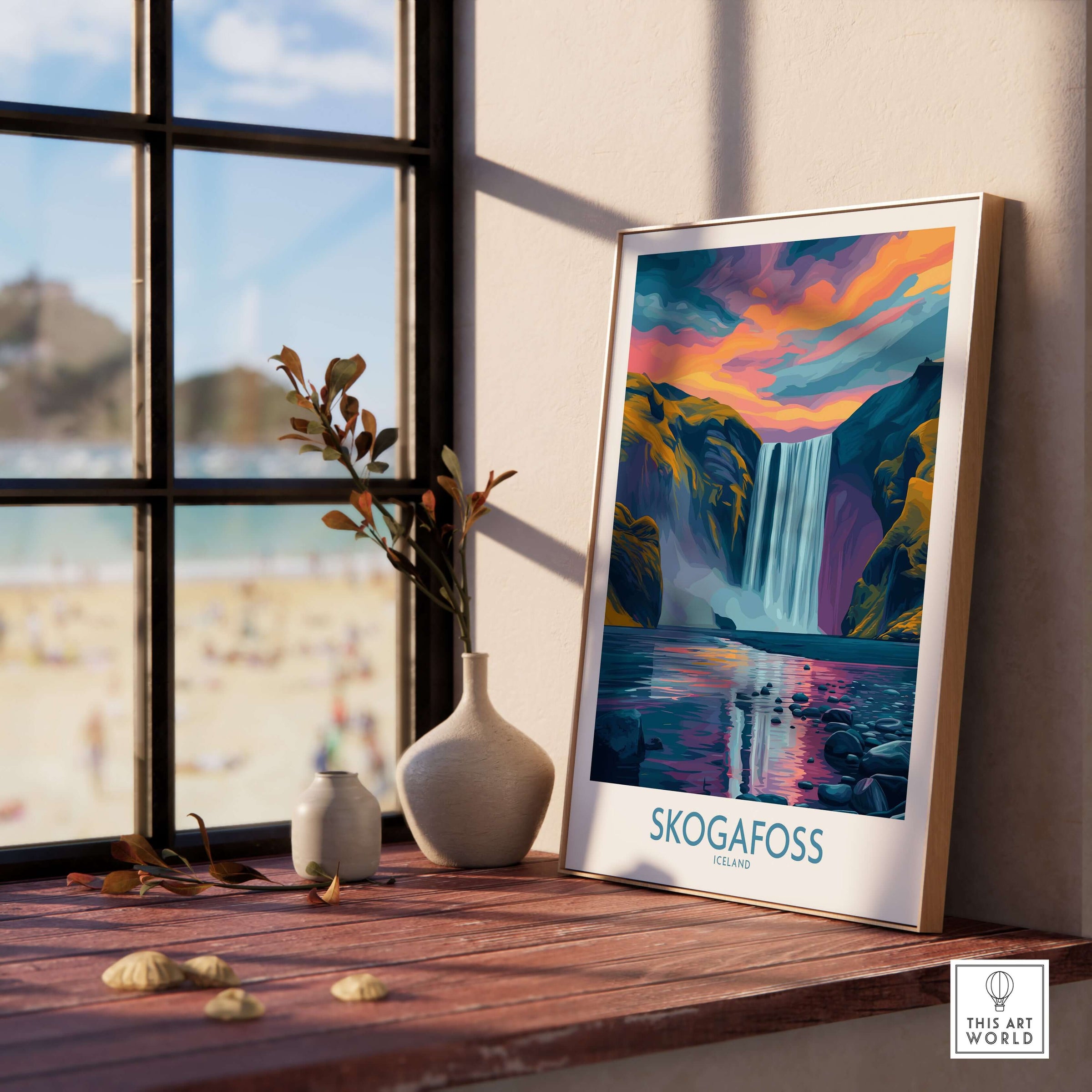 Skógafoss Iceland Sunset Art Print | Waterfall Reflection Poster displayed on a wooden table near a window.