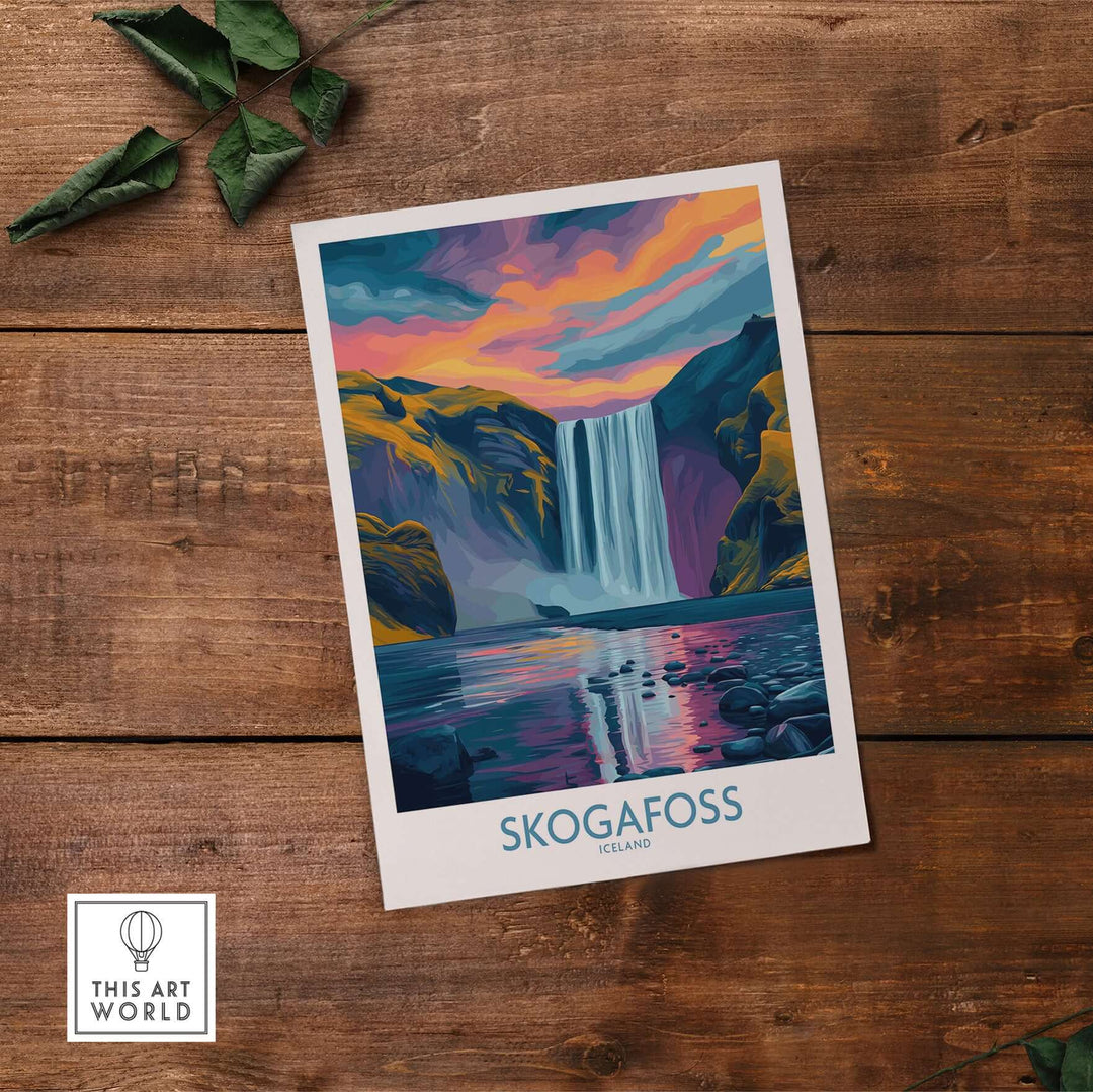 Skógafoss Iceland Sunset Art Print | Waterfall Reflection Poster showcasing vibrant colors and serene waterfall scene.