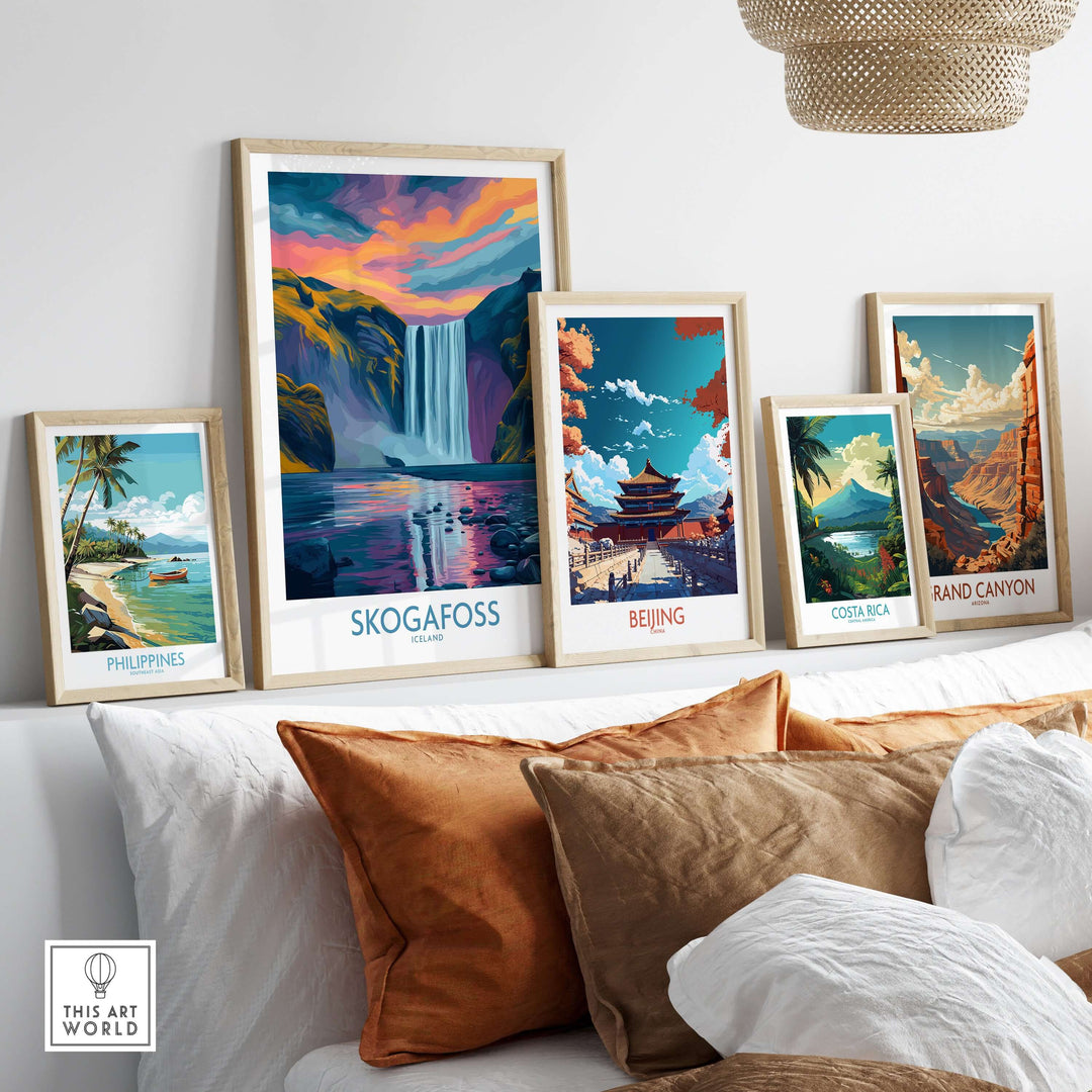 Skógafoss Iceland Sunset Art Print | Waterfall Reflection Poster displayed among other travel art prints.