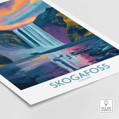 Skógafoss Iceland Sunset Art Print | Waterfall Reflection Poster featuring a vibrant waterfall and calm waters.