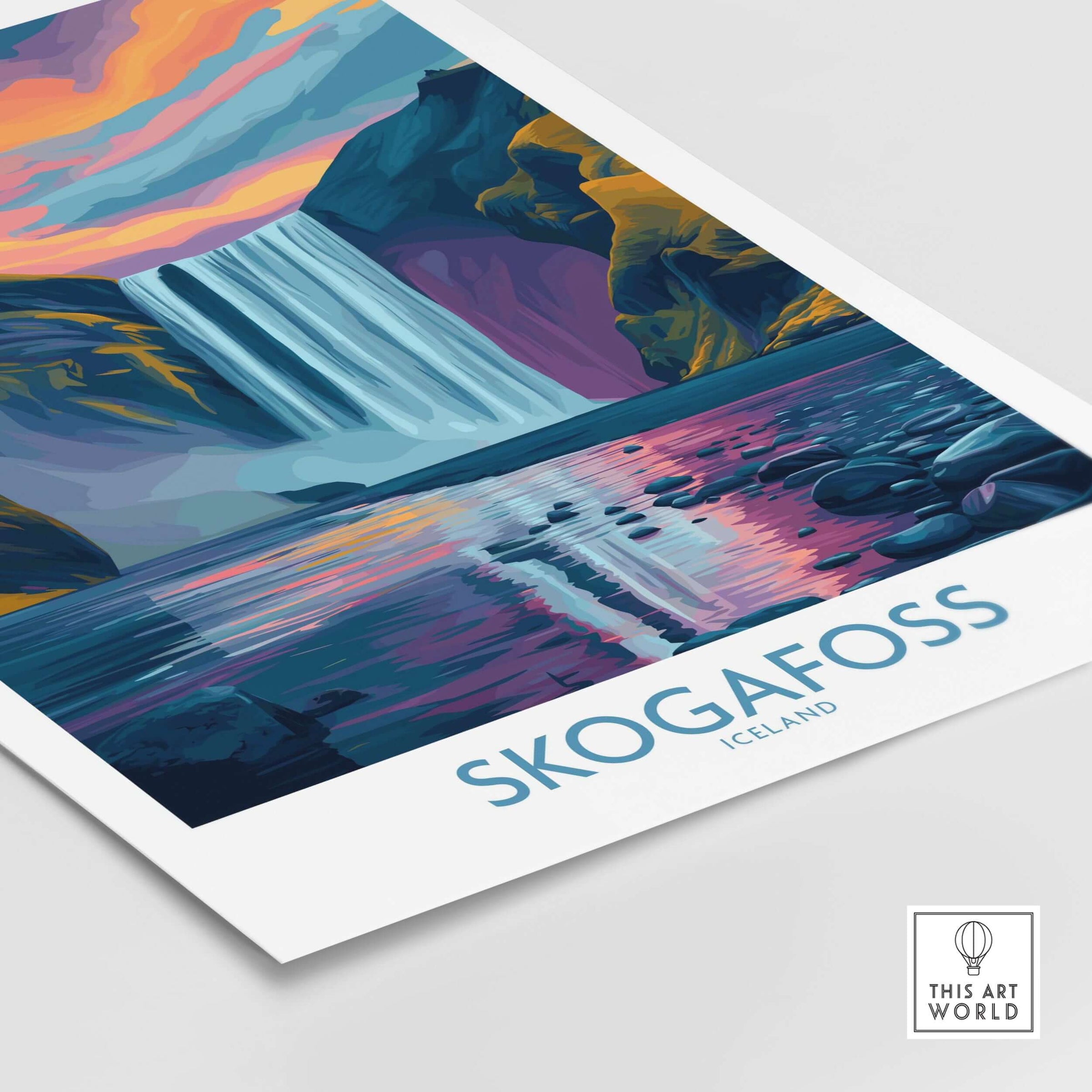 Skógafoss Iceland Sunset Art Print | Waterfall Reflection Poster featuring a vibrant waterfall and calm waters.