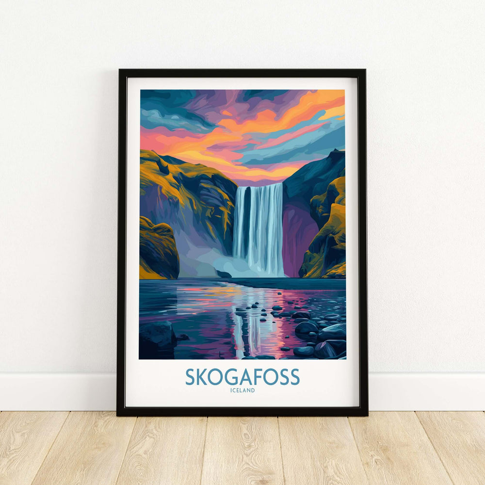Skógafoss Iceland Sunset Art Print | Waterfall Reflection Poster showcasing a vibrant sunset over the waterfall in Iceland.