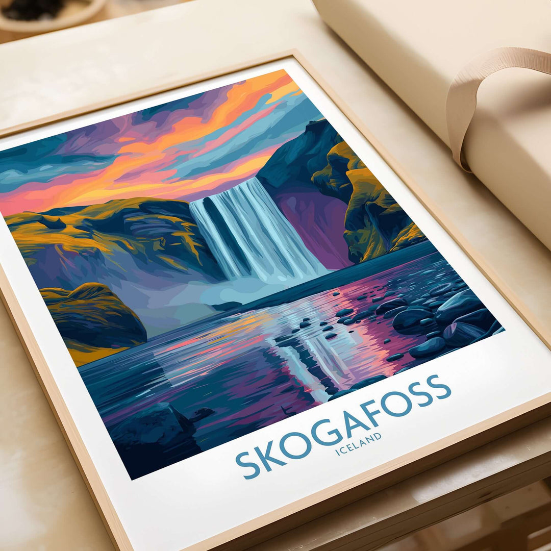 Skógafoss Iceland Sunset Art Print | Waterfall Reflection Poster featuring vibrant colors and serene landscape.