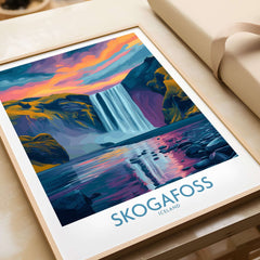 Skógafoss Iceland Sunset Art Print | Waterfall Reflection Poster featuring vibrant waterfall art.