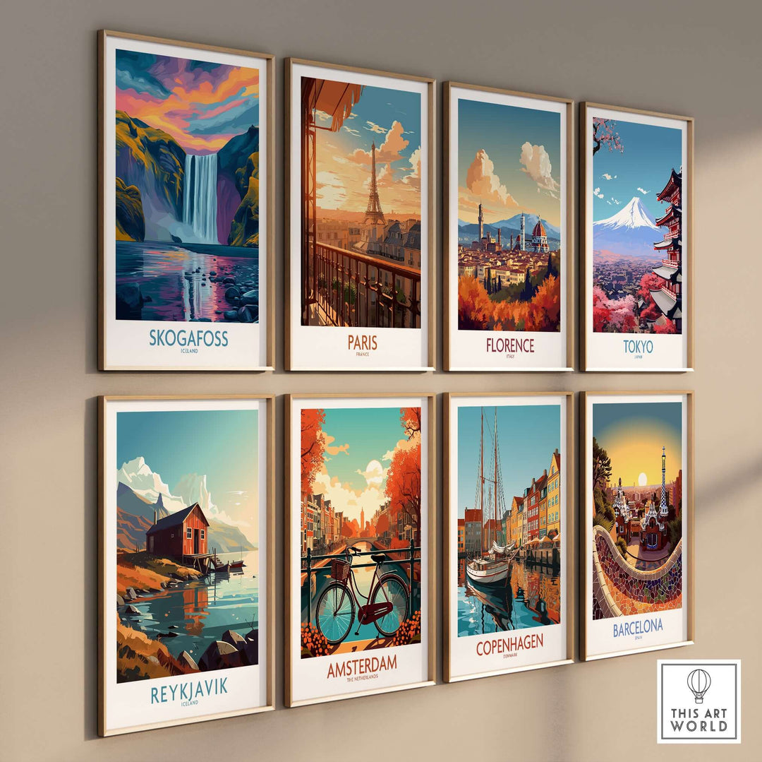 Skógafoss Iceland Sunset Art Print | Waterfall Reflection Poster displayed among cityscape art prints