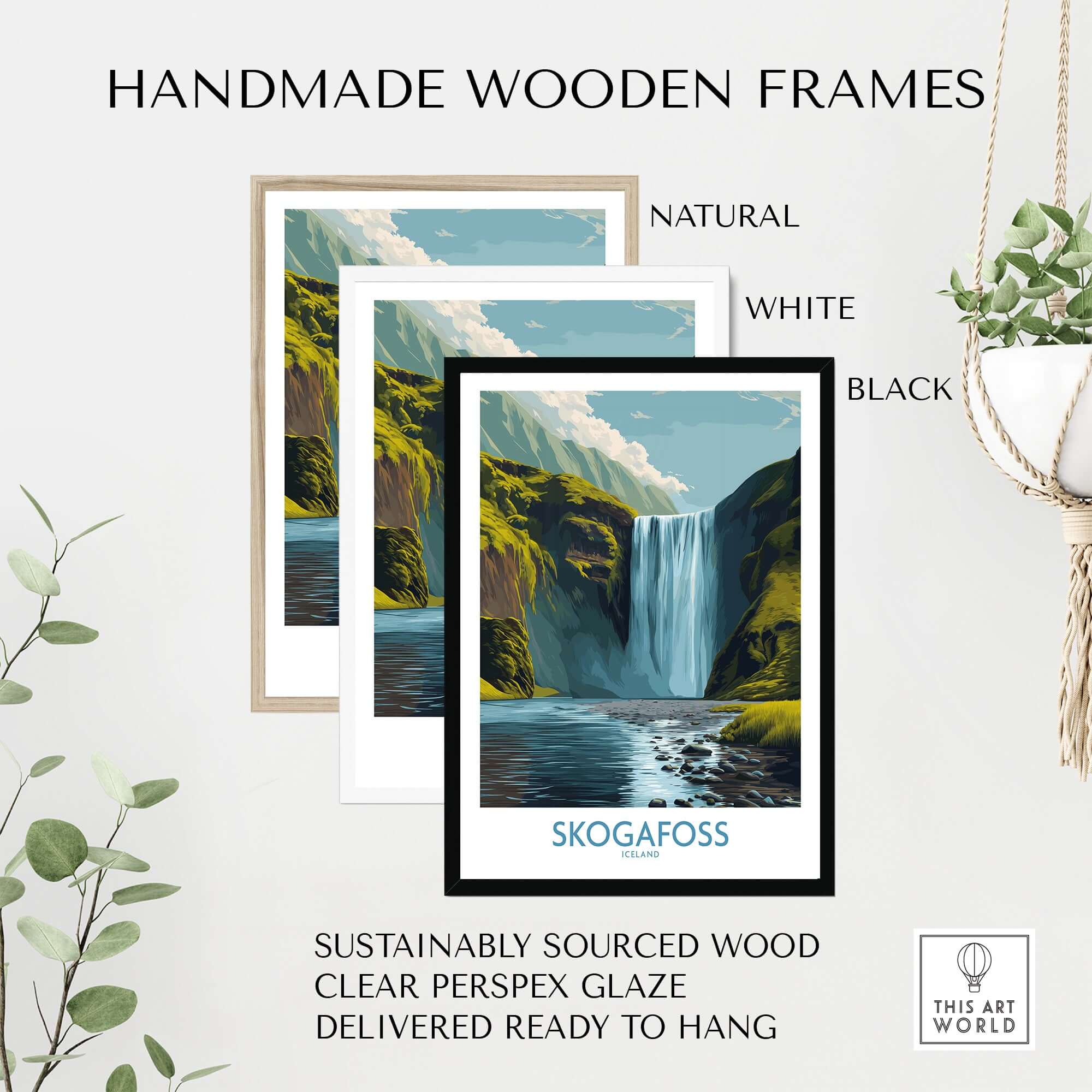Handmade wooden frames displaying Skógafoss Iceland Art Print Waterfall Poster in natural, white, and black options.