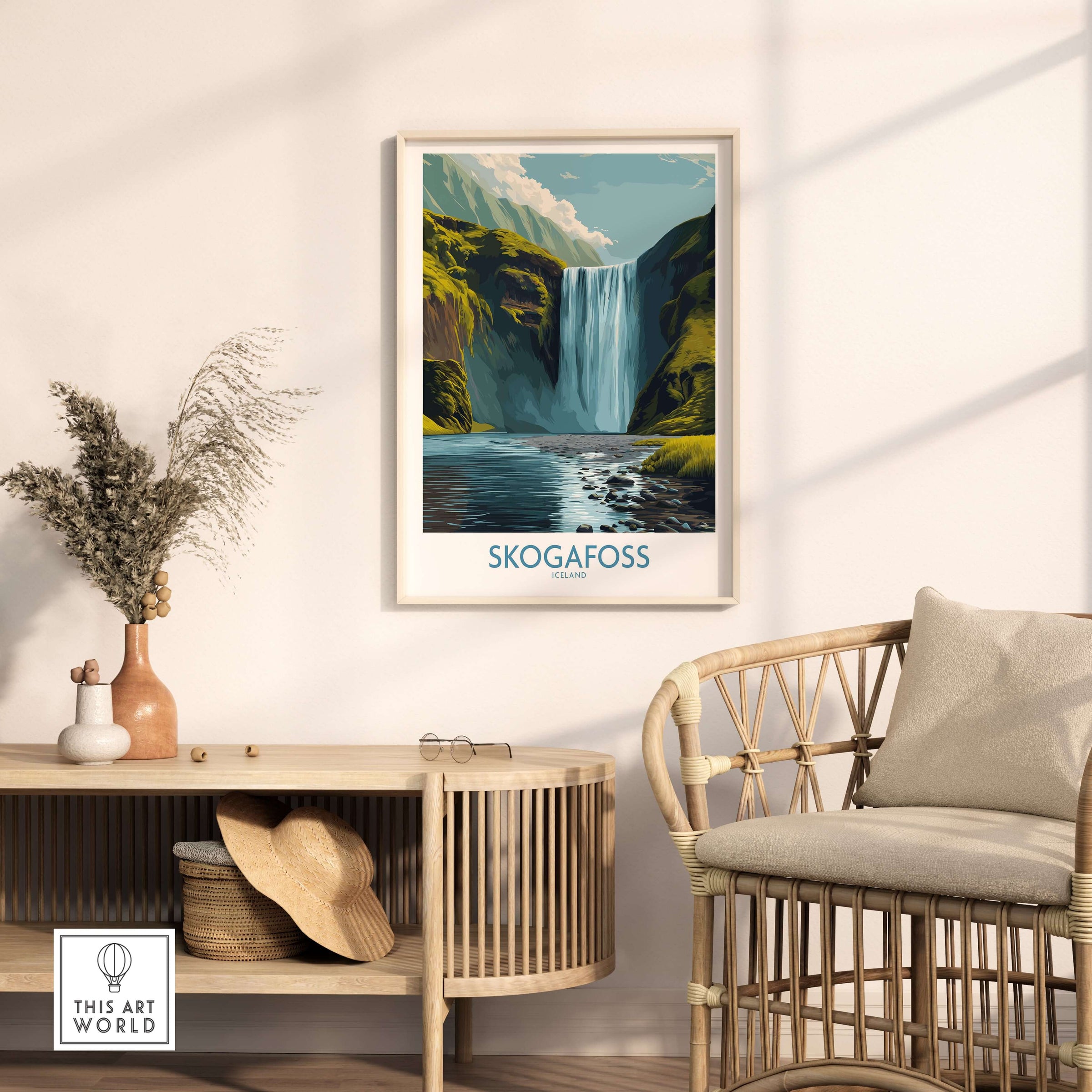 Skógafoss Iceland Art Print Waterfall Poster displayed in a cozy living room setting with natural decor.