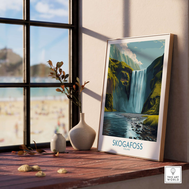 Skógafoss Iceland Art Print Waterfall Poster displayed inside a cozy room, featuring a stunning waterfall and natural scenery.